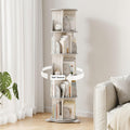 5-Tier Rotating Bookcase with Wheels, 360° Spinning Bookshelf Tower for Corner Spaces, Multi-Functional Book Display Stand & Organizer for Living Room, Bedroom, Classroom, Office - White