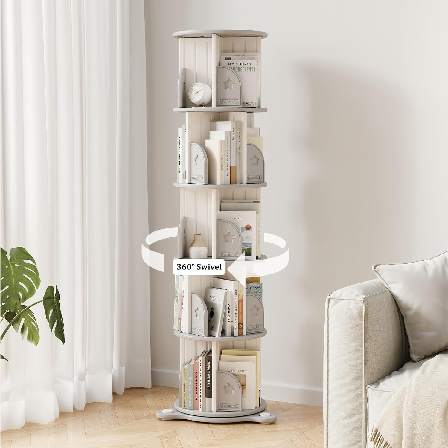 5-Tier Rotating Bookcase with Wheels, 360° Spinning Bookshelf Tower for Corner Spaces, Multi-Functional Book Display Stand & Organizer for Living Room, Bedroom, Classroom, Office - White