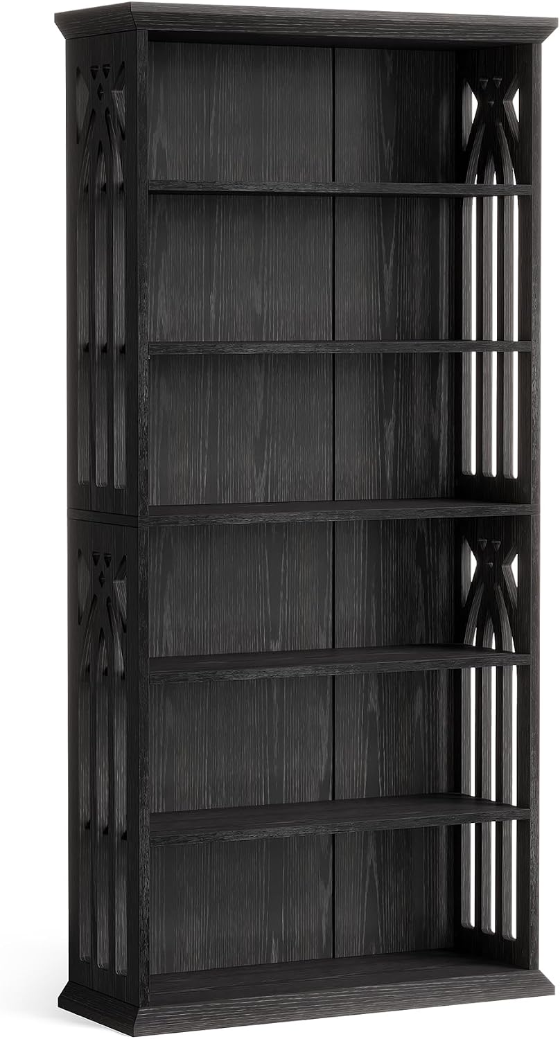 LITTLE TREE 6-Tier Bookcase, Set of 2 Farmhouse Bookshelves and Bookcases, 75-Inch Floor Standing 6 Shelf Wooden Display Storage Shelves Tall Bookcase for Home Office, Living Room, Bed Room, Black