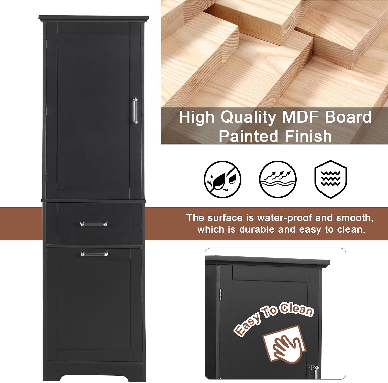 Bathroom Storage Cabinet with Adjustable Shelf, 68.4 in Tall | MDF, painted finish, adjustable shelf, enclosed storage, acrylic handles, anti-tip kit, bathroom, 20 W x 13.5 D x 68.4 H in