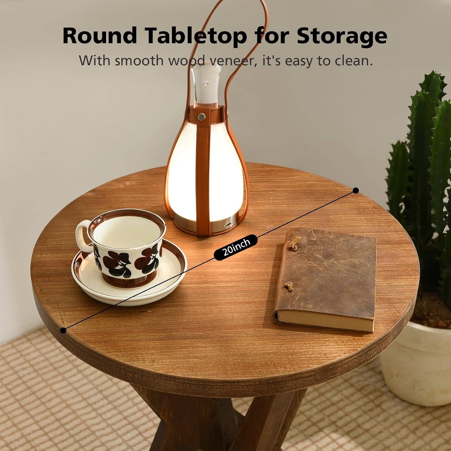 Ahokua Farmhouse Round End Table Set of 2 with MDF Top and Crossed Legs, Mid Century Modern Side Table Small Accent Table for Small Space Stable Nightstand for Living Room, Natural Wood
