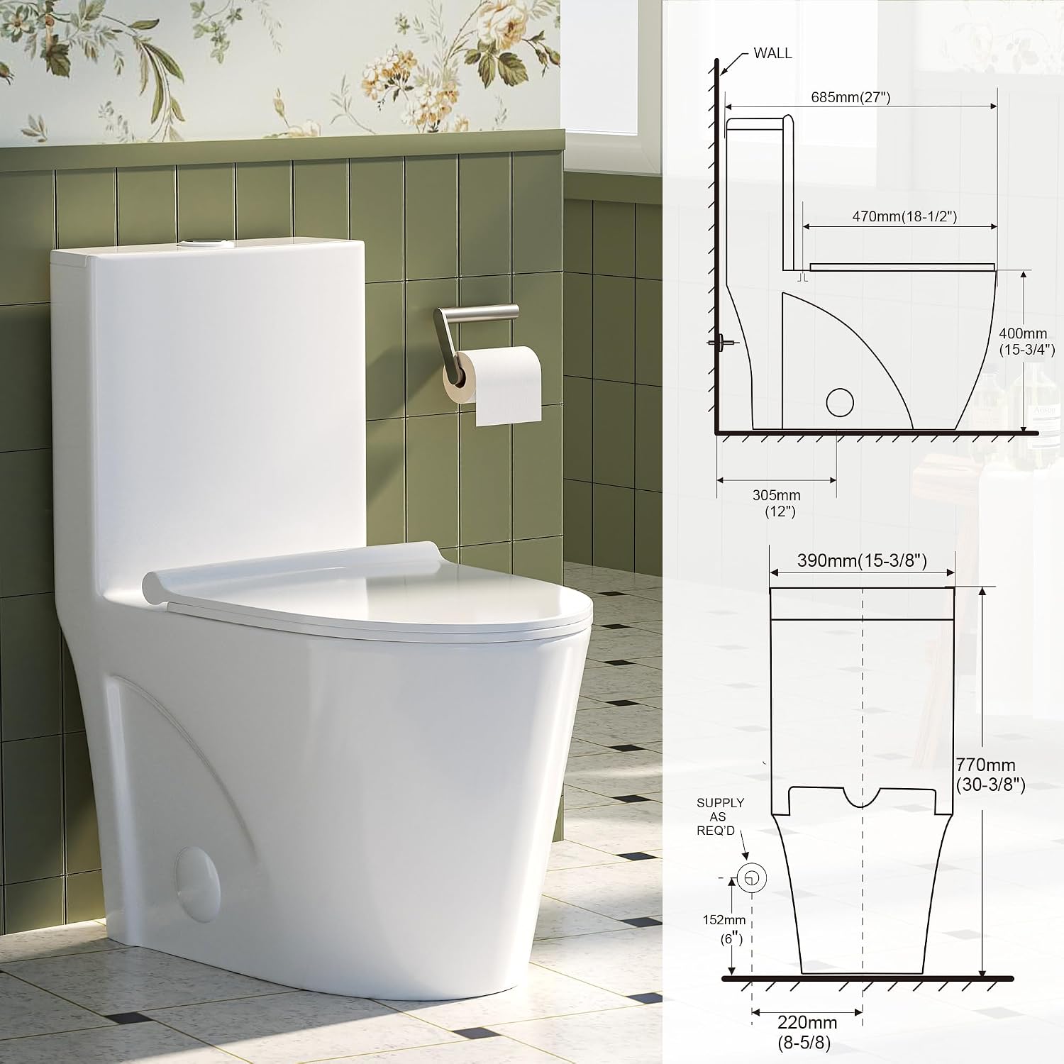 Modern One Piece Toilet, 1.1/1.6 GPF Elongated Dual Flush Toilet with Soft Closing Seat, Standard Modern Toilet for Bathroom, 12' Rough-In (Glossy White)