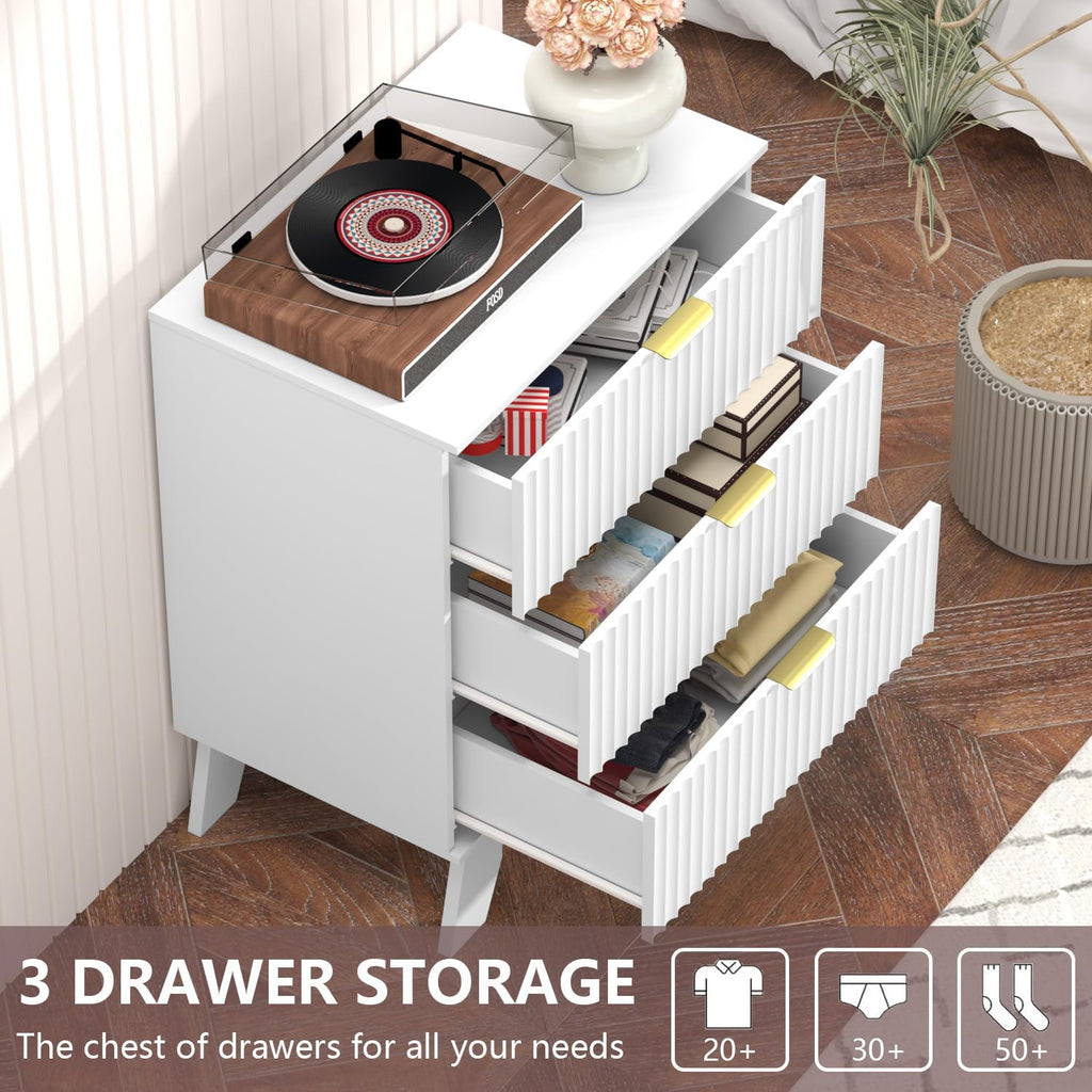 Nightstand with 3 Large Drawers,24' Wide End Table with Curved Metal Handles,Fluted Wood Small Dresser,Bedside Table,Modern Chest of Drawers for Bedroom,Living Room, White