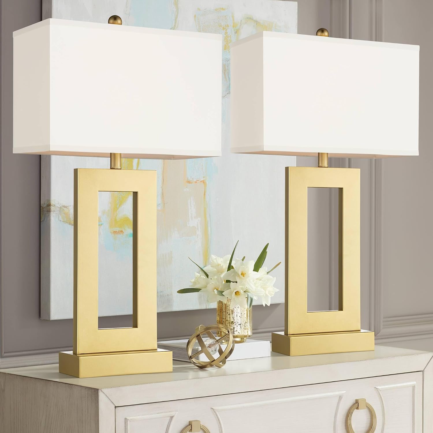 360 Lighting Marshall 30' Tall Open Rectangle Large Modern Luxe Glam End Table Lamps Set of 2 Gold Finish Metal White Shade Living Room Bedroom Bedside Nightstand House Office Home Kitchen