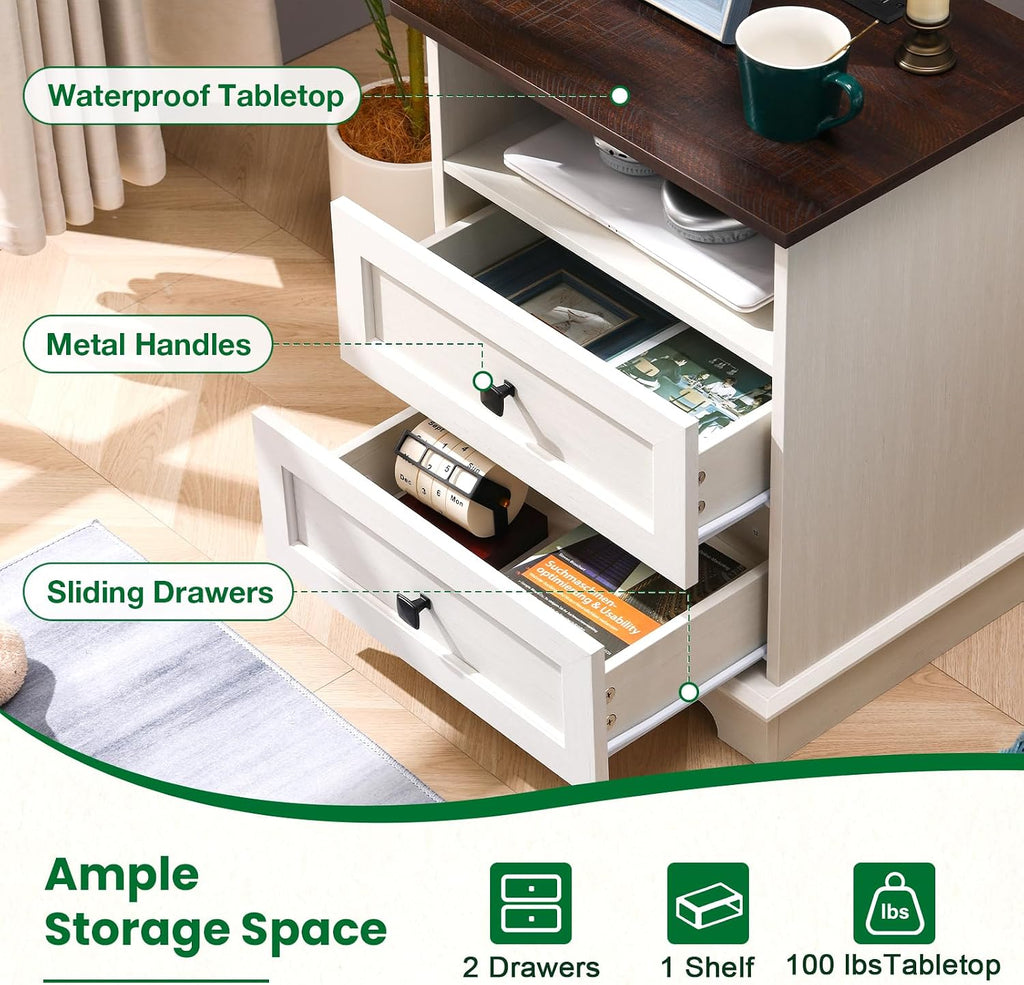 20-Inch Wide Modern Nightstand with Charging Station & Outlets, Bedside Table with 2 Drawers and Open Shelf, Sleek Design End Table for Bedroom and Office, White (Single Piece)