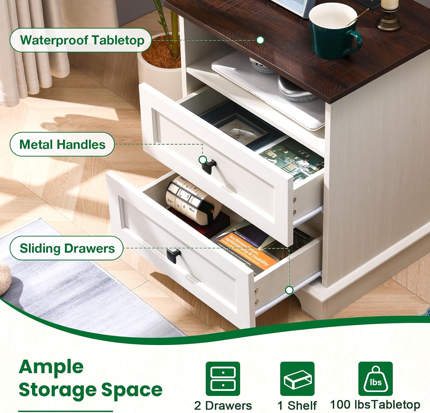 20-Inch Wide Modern Nightstand with Charging Station & Outlets, Bedside Table with 2 Drawers and Open Shelf, Sleek Design End Table for Bedroom and Office, White (Single Piece)