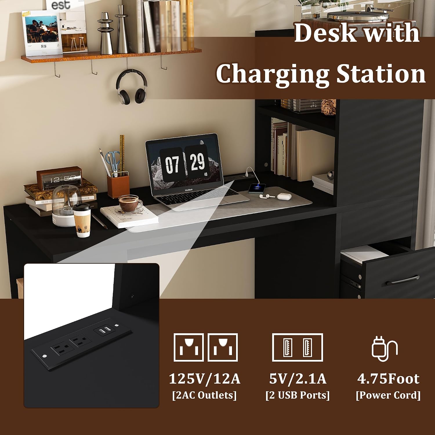 KEIKI L Shaped Computer Desk with 4-in-1 Charging Station, Office Desk with 3 Slide Drawers and 4-Tier Storage Shelves, Modern Wooden Corner Writing Desk for Home Office, Study, Bedroom, Black