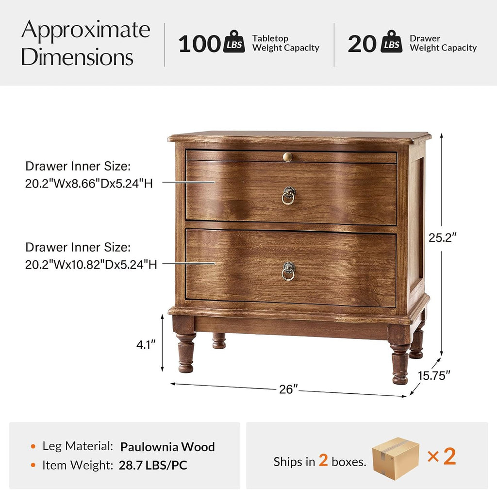 HULALA HOME Solid Wood Storage End Tables with Hidden Pull-Out Shelf, Transitional 2 Drawer Side Tables with Charging Station, Large SideTables with USB Ports, Easy Assembly, (Set of 2, Cherry)
