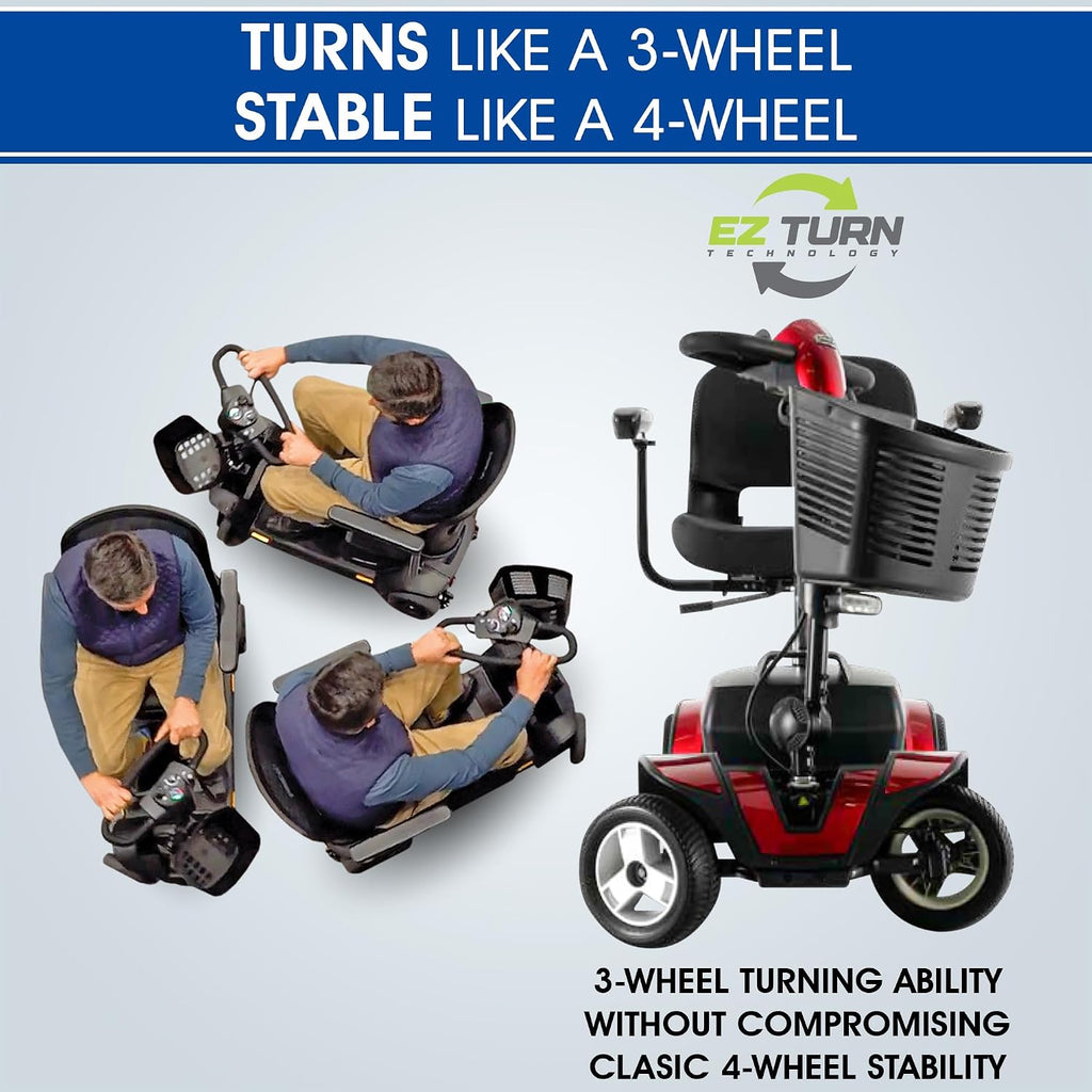 Pride Mobility Go Go Sport Plus Rear Basket, Cup Holder, Pride 4 Wheel Mobility Scooter for Adults and Seniors, Stable 325 lb Weight Capacity, 12 Mile Range, New EZ Turn, Extended Warranty