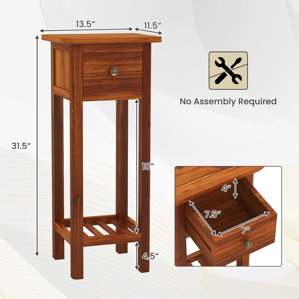 Giantex Tall End Table Set of 2, Narrow Side Table with Drawer and Shelf, Acacia Wood Nightstand for Living Room, 2-Tier Bedside Table for Small Space, No Assembly, Rustic Brown