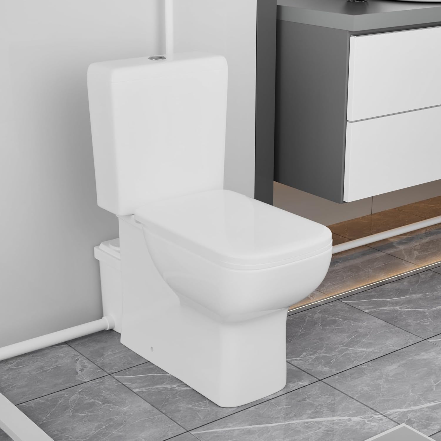 SouNor One Piece Elongated Toilet 450 Watt for Small Basement, Dual Flush 1.1/1.6 GPF, 4 Inlets for Bathroom Basement Power Flush, White.