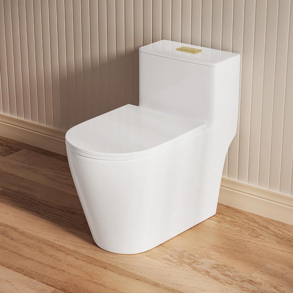 Casta Diva Elongated One Piece Toilet with 17' ADA Comfort Chair Height Seat Compact Toilet for Bathroom Dual Flush 1.1/1.6GPF, 12'' Rough-in, Dual Flush Toilet Button Golden