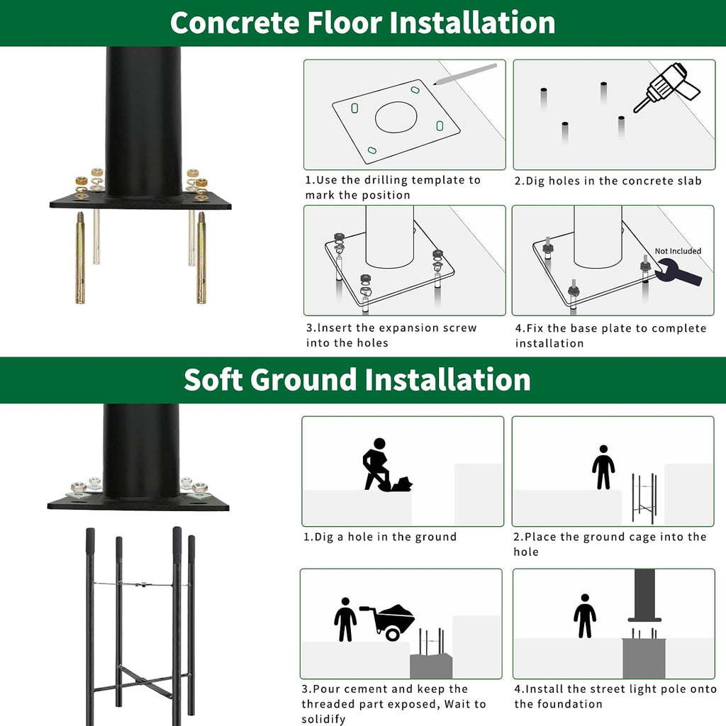 10ft Outdoor Street Light Pole, 3-Inch OD Heavy Duty Galvanized Steel Lamp Post, Ground Mount Light Pole with 0.2' Thick Flange Base, Hardware for Concrete & Soil Included, Black