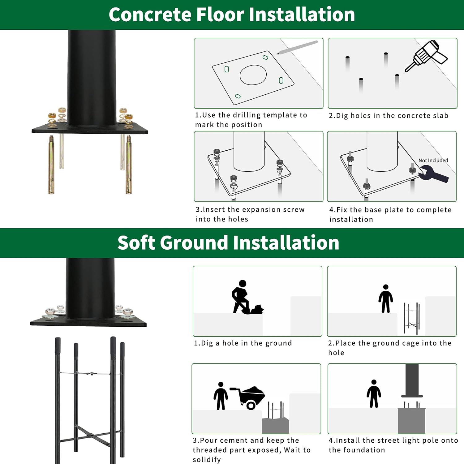 10ft Outdoor Street Light Pole, 3-Inch OD Heavy Duty Galvanized Steel Lamp Post, Ground Mount Light Pole with 0.2' Thick Flange Base, Hardware for Concrete & Soil Included, Black
