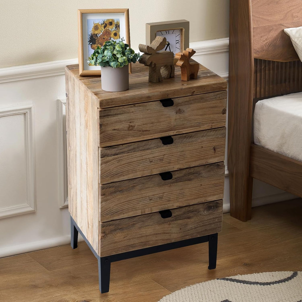Wnutrees Farmhouse Nightstand Wood Bedside Table with 4-Drawers Bedside End Tables Storage for Living Room, Hallway, Handmade Distressed, Natural, Set of 2