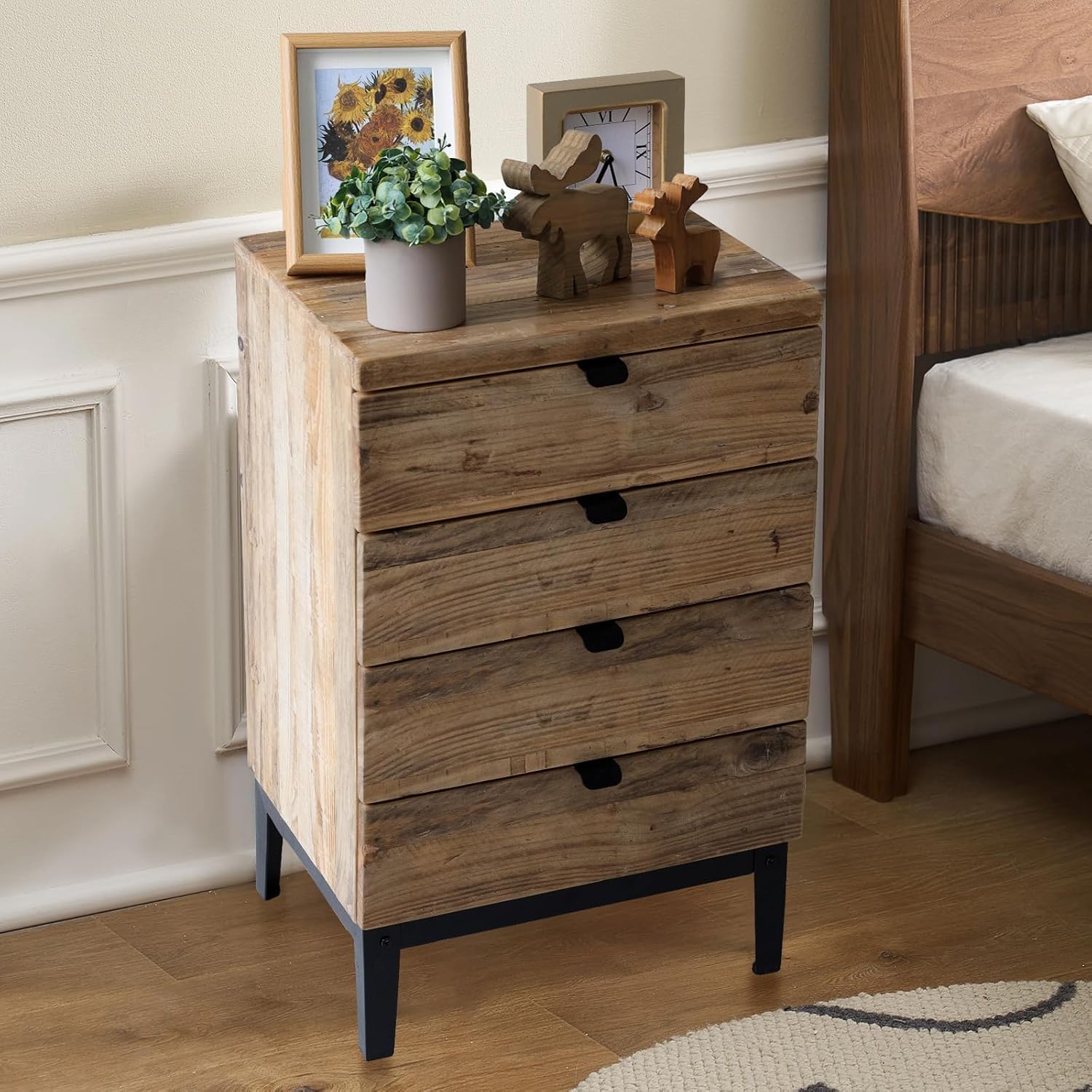 Wnutrees Farmhouse Nightstand Wood Bedside Table with 4-Drawers Bedside End Tables Storage for Living Room, Hallway, Handmade Distressed, Natural, Set of 2