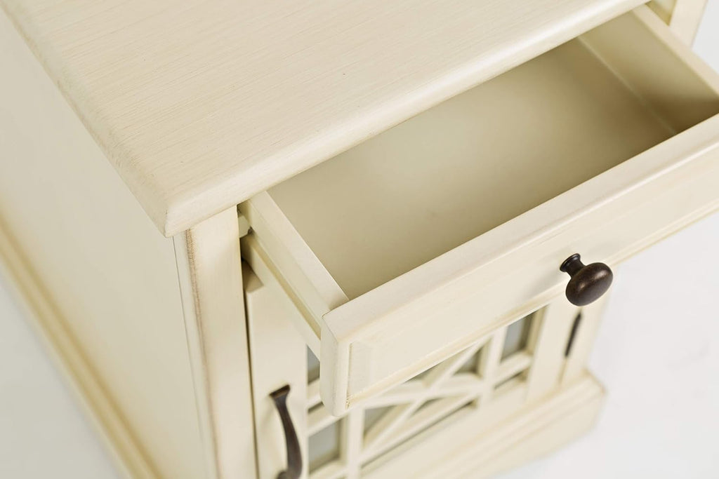 Jofran Farmhouse Craftsman End Table with Charging Station – Narrow Night Stands with USB Charging Port – Space-Saving Design for Bedroom, Living Room, or Entryway, Antique Cream