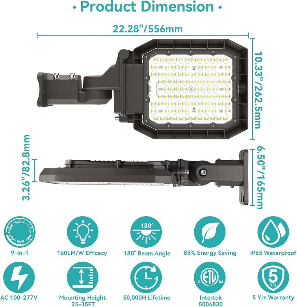 HiBay Dusk to Dawn LED Parking Lot Flood Light Outdoor, 240W 200W 180W 3CCT 38400LM Commercial Street Area Lighting 160LM/W, IP65 Photocell Security Shoebox Light,Wall or Pole Mount, 100-277V, ETL
