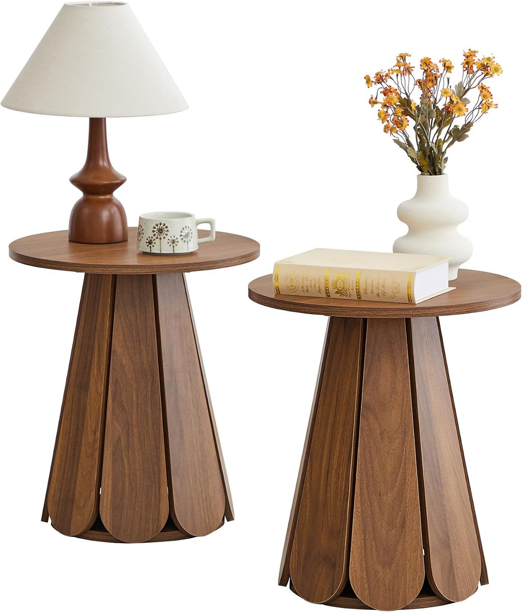 Round End Table Nightstand Set of 2, Mid Century Modern Side Table, Circle Bedside Tables Wood Night Stands for Bedroom, Living Room, Small Space, Walnut