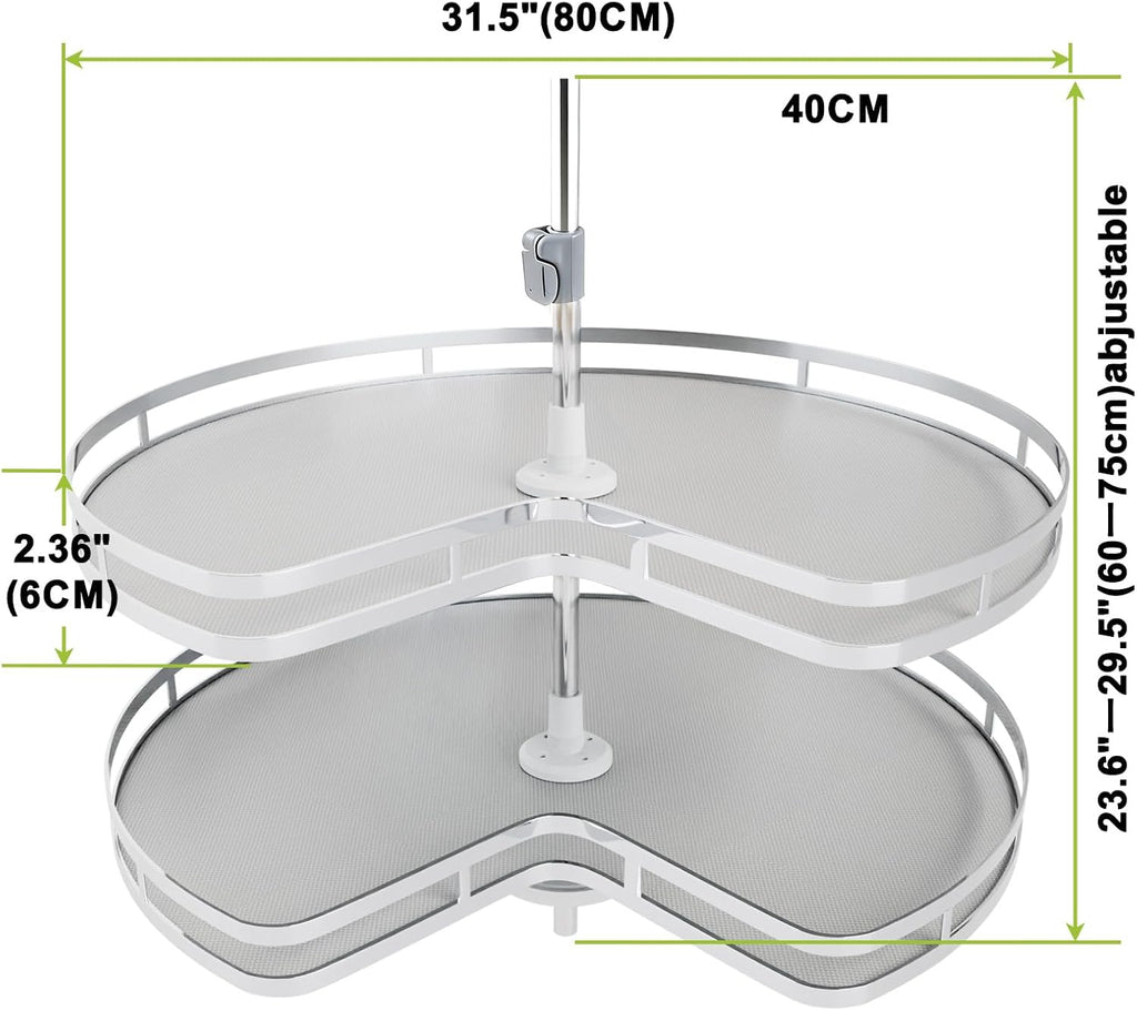 Blind Corner Cabinet Kidney Lazy Susan, Soft Close Rotary Cabinet Organizer 32inch, Corner Cabinet Lazy Susan for Blind Shelf, 2 Tiers Tray, Adjustable Height