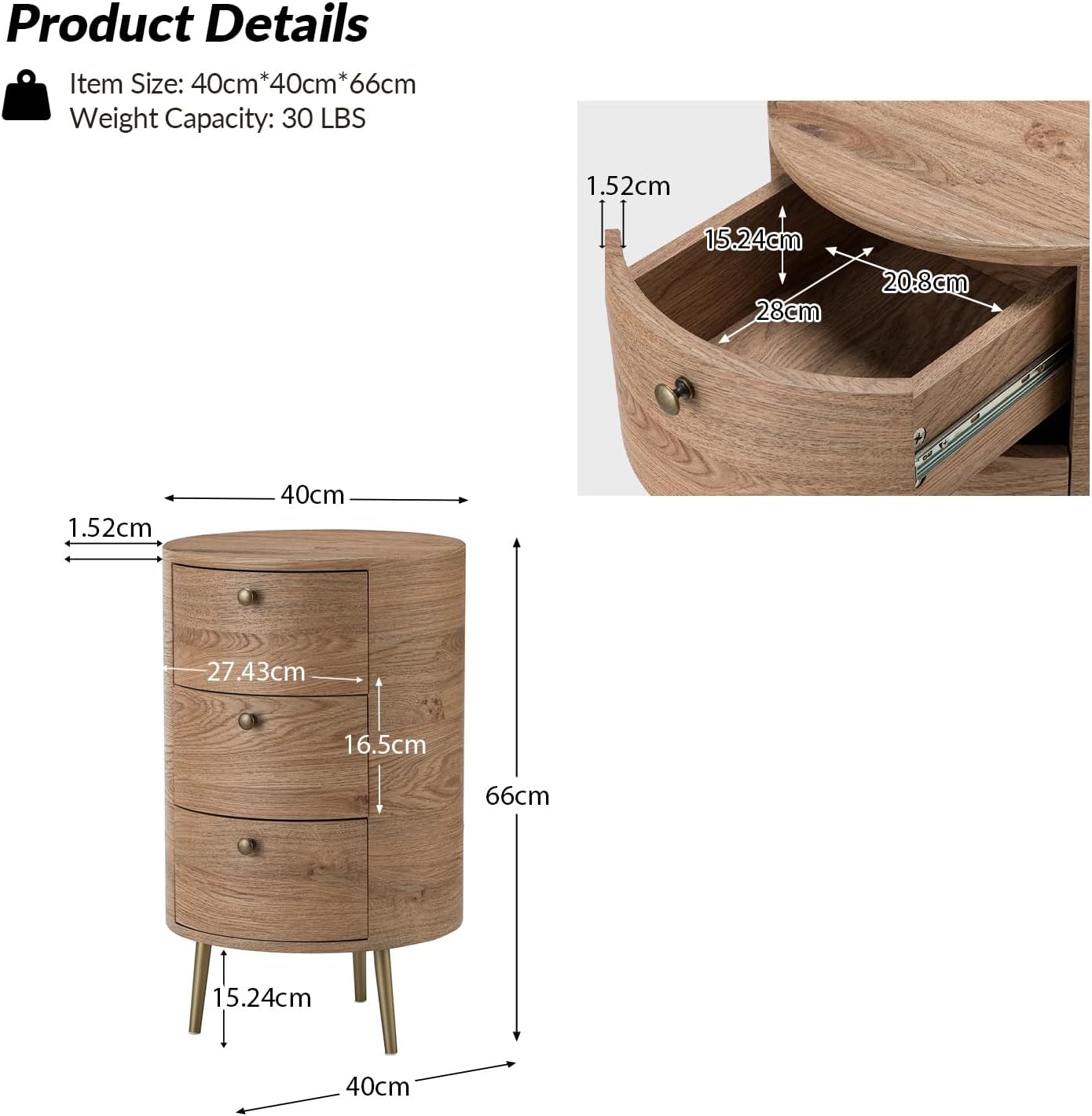HULALA HOME Round End Table with 3 Storage Drawers, Mid Century Modern Sofa Side Table with Metal Legs, Farmhouse Wood Small Side Table for Living Room, Bedroom and Small Spaces, Oak