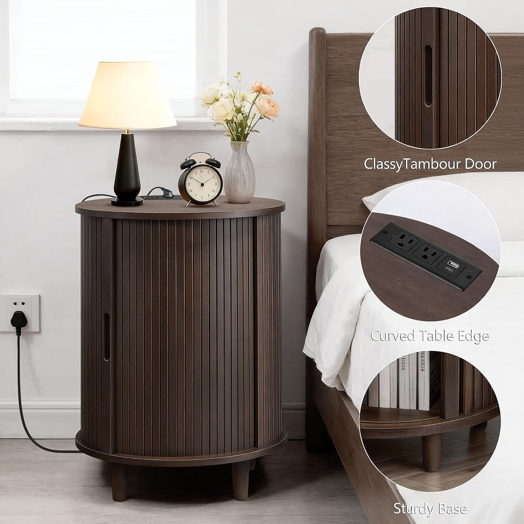 DHH End Table Set of 2 with Storage & Charging Station, Fluted Accent Side Table with Sliding Door & Adjustable Shelf, Mid-Century Nightstand for Small Spaces, Living Room, Bedroom(2, Dark Walnut)