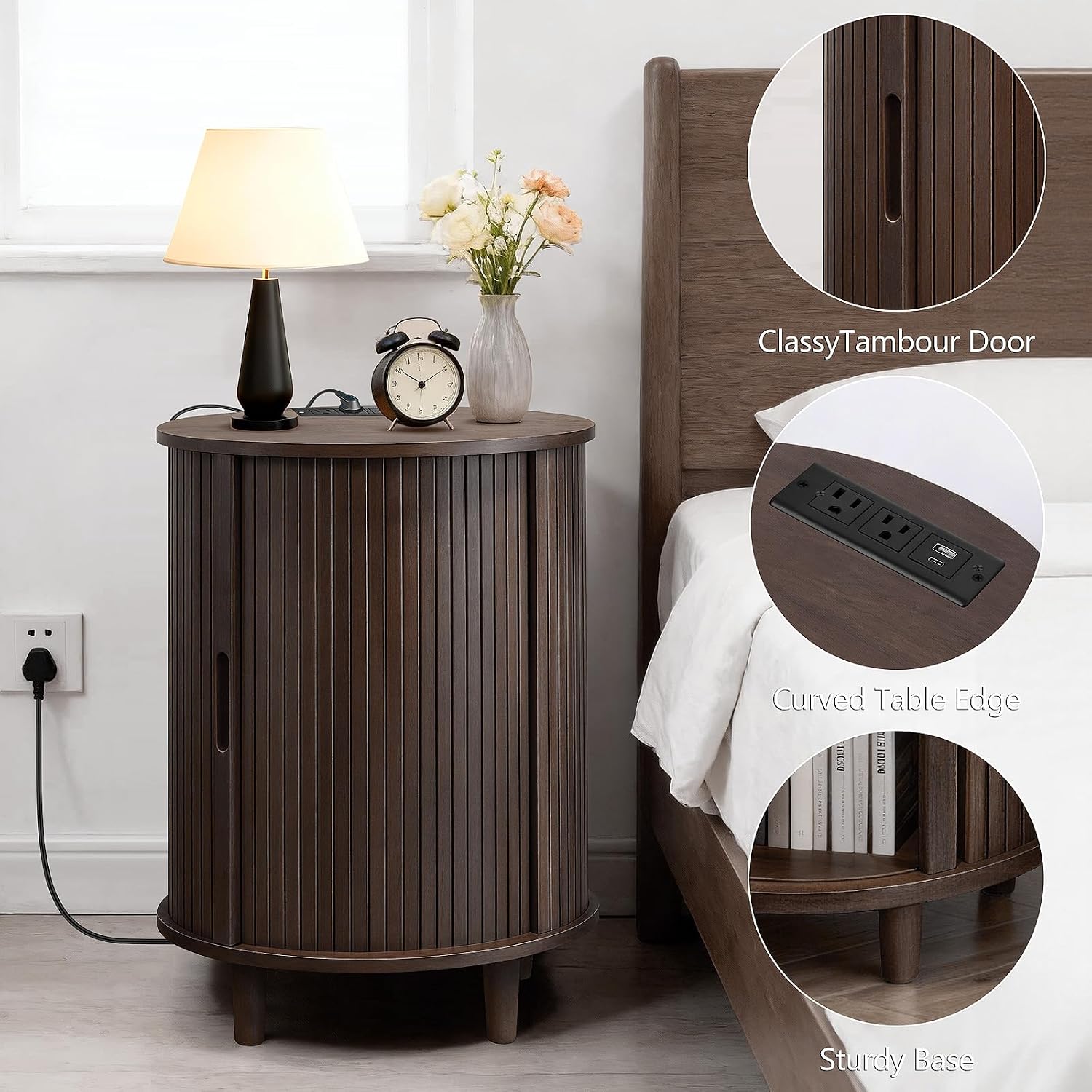 DHH End Table Set of 2 with Storage & Charging Station, Fluted Accent Side Table with Sliding Door & Adjustable Shelf, Mid-Century Nightstand for Small Spaces, Living Room, Bedroom(2, Dark Walnut)