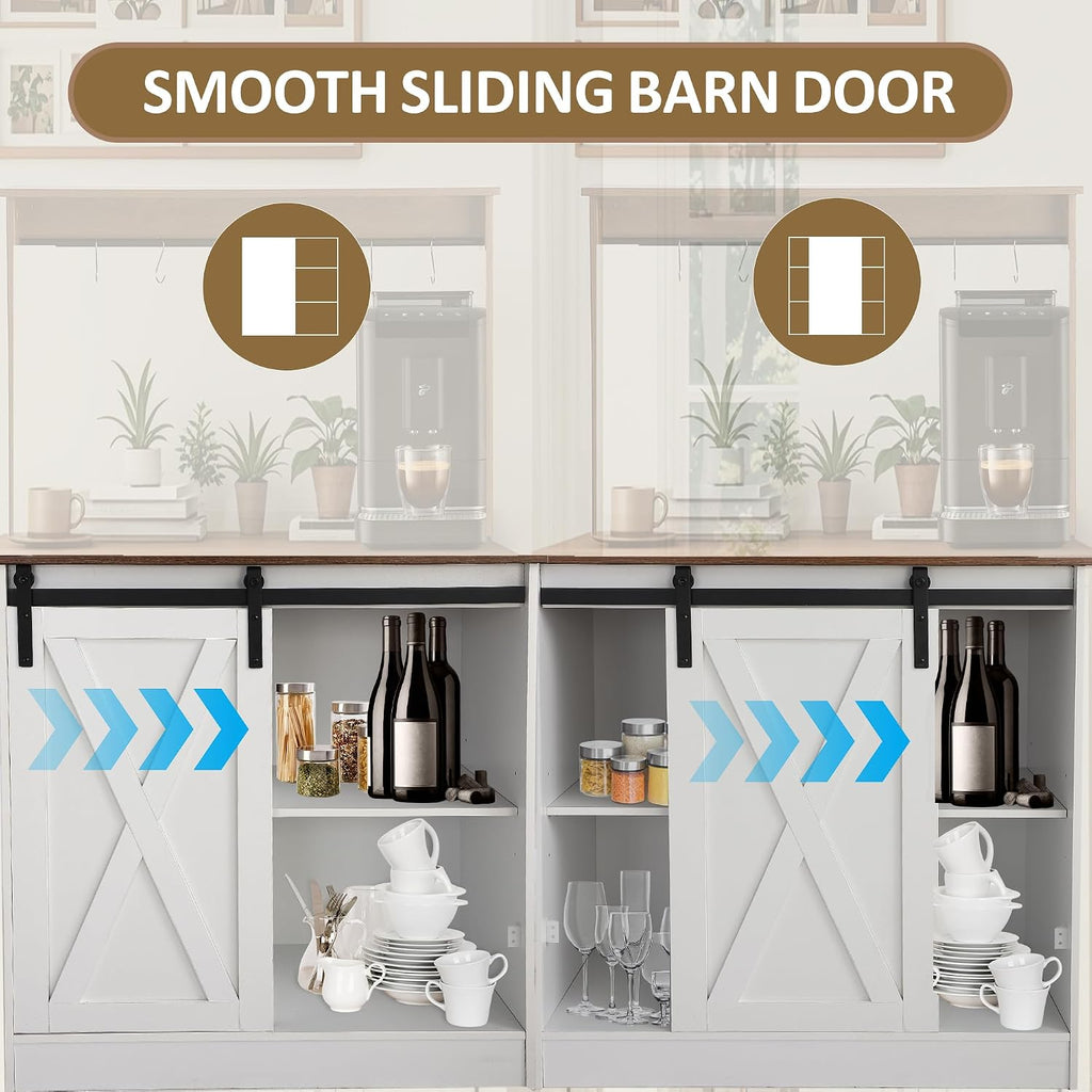 Farmhouse Coffee Bar with Sliding Barn Door, White Home Coffee Bar Station Cabinet with 6 Hooks Adjustable Shelves, Corner Hutch Buffet Cabinets with Storage for Kitchen Living Dining Room