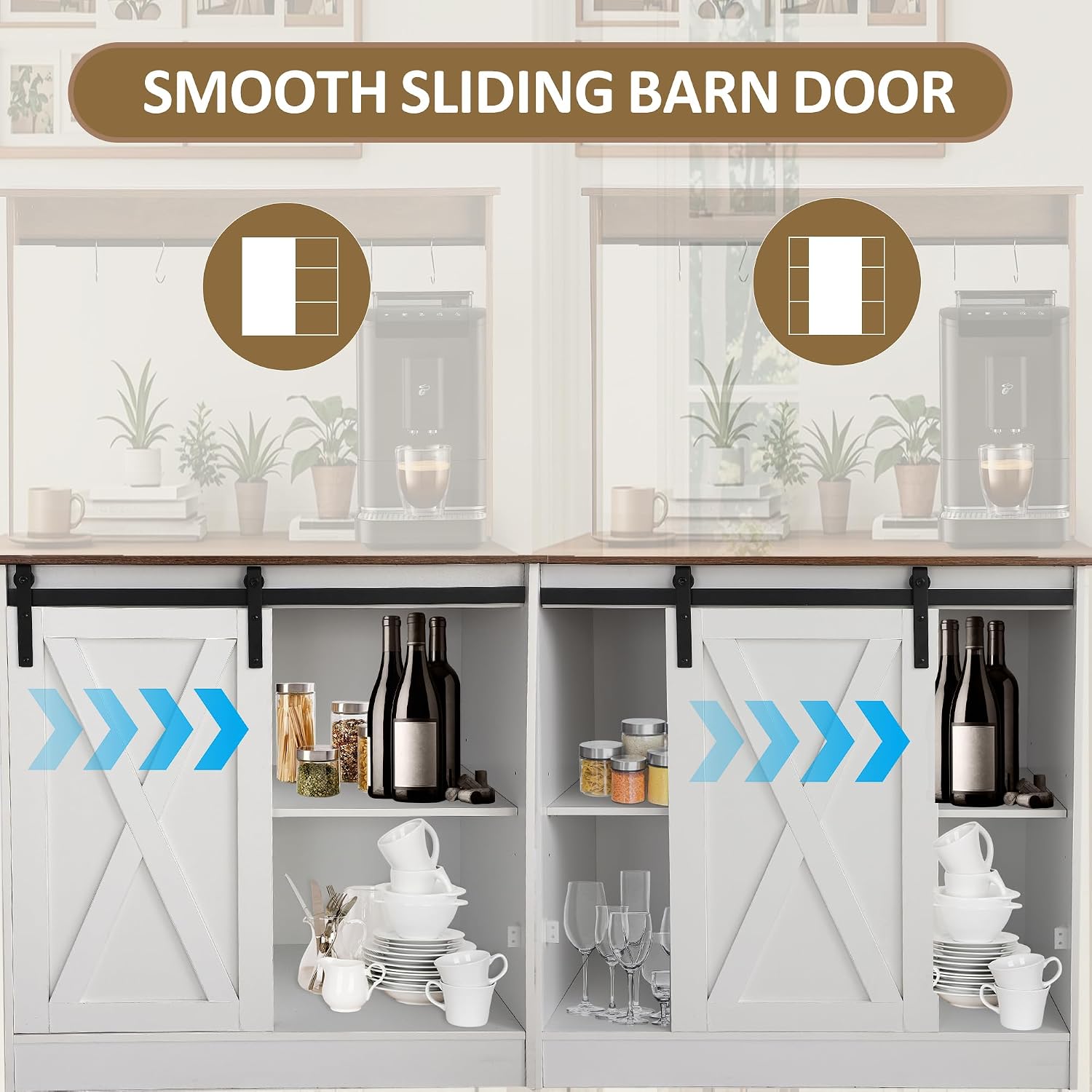 Farmhouse Coffee Bar with Sliding Barn Door, White Home Coffee Bar Station Cabinet with 6 Hooks Adjustable Shelves, Corner Hutch Buffet Cabinets with Storage for Kitchen Living Dining Room