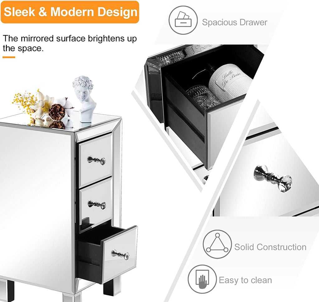 Bonnlo 3-Drawer Mirrored Nightstand Set of 2, End Table, Bedside Table, Glass Nightstand for Bedroom, Living Room, Silver, 11.7' L x 11.8' W x 23.8' H