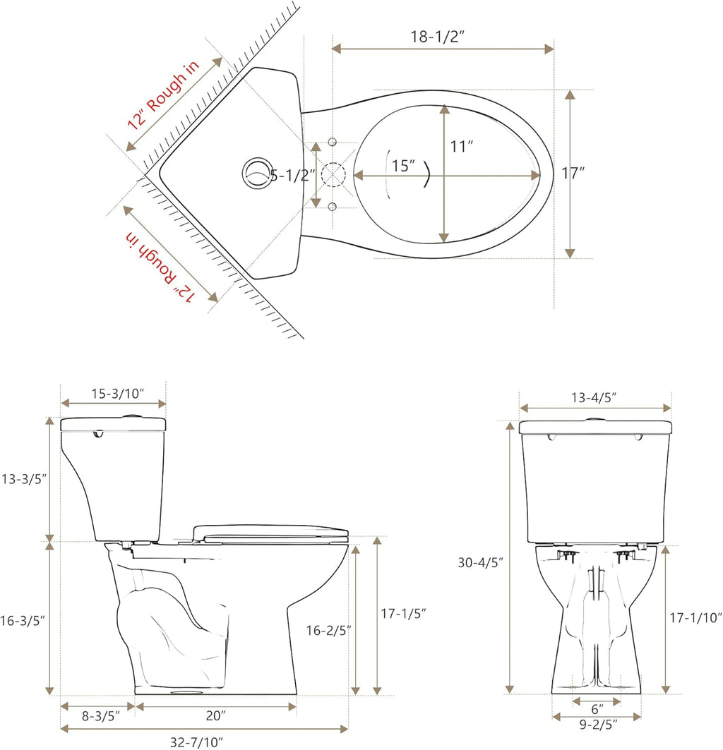 SUPERFLO 17.2' Corner Toilet Elongated, Compact Two-piece Toilets with Comfort Height Toilet Bowl & Slow Close Seat, Small Toilets For Small Bathroom-Dual Flush 0.8/1.28 GPF