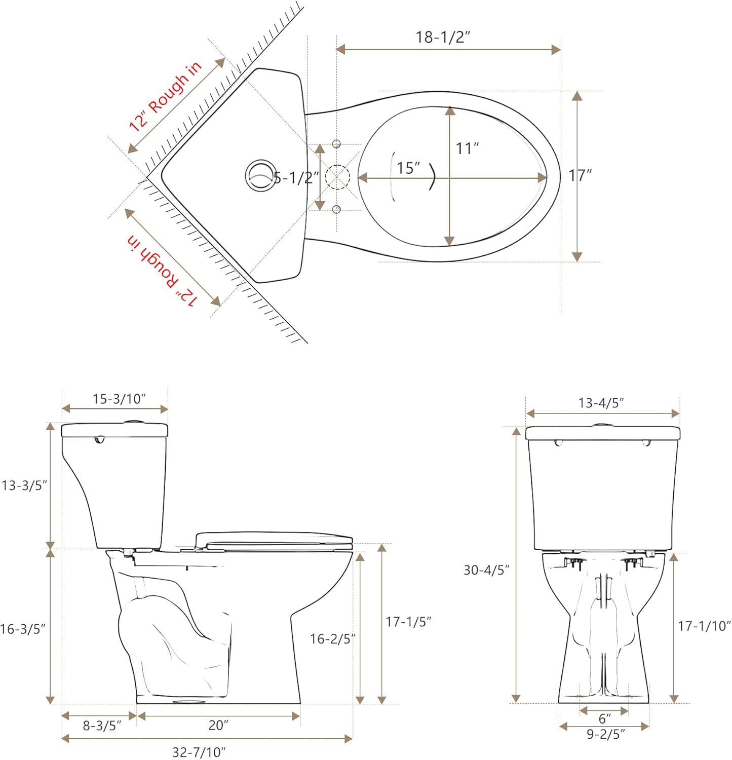 SUPERFLO 17.2' Corner Toilet Elongated, Compact Two-piece Toilets with Comfort Height Toilet Bowl & Slow Close Seat, Small Toilets For Small Bathroom-Dual Flush 0.8/1.28 GPF