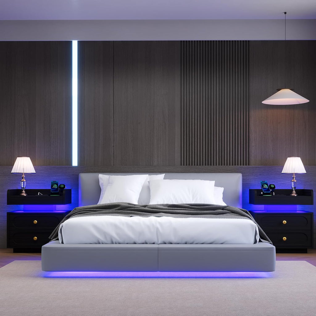 4ever2buy Black Nightstand Set of 2 with Adjustable LED Lights and Charging Station Modern Bedside Tables with 2 Drawers End Tables for Bedroom