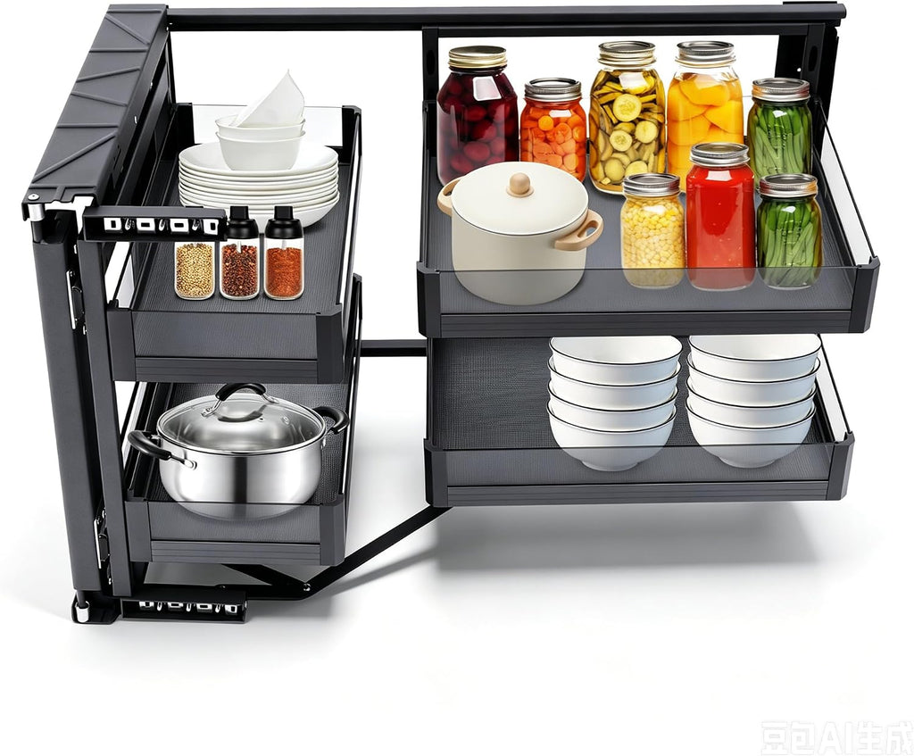 Blind Corner Cabinet Pull Out Organizer 2 Tier Kitchen Corner Cabinet Organizer with 4 Detachable Shelves, Height Adjustable Narrow Blind Cabinets Kitchen Pull Out Left or Right Cabinets