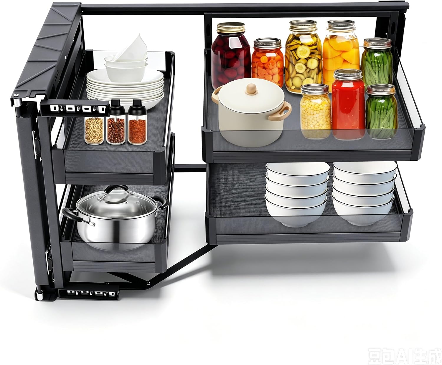 Blind Corner Cabinet Pull Out Organizer 2 Tier Kitchen Corner Cabinet Organizer with 4 Detachable Shelves, Height Adjustable Narrow Blind Cabinets Kitchen Pull Out Left or Right Cabinets