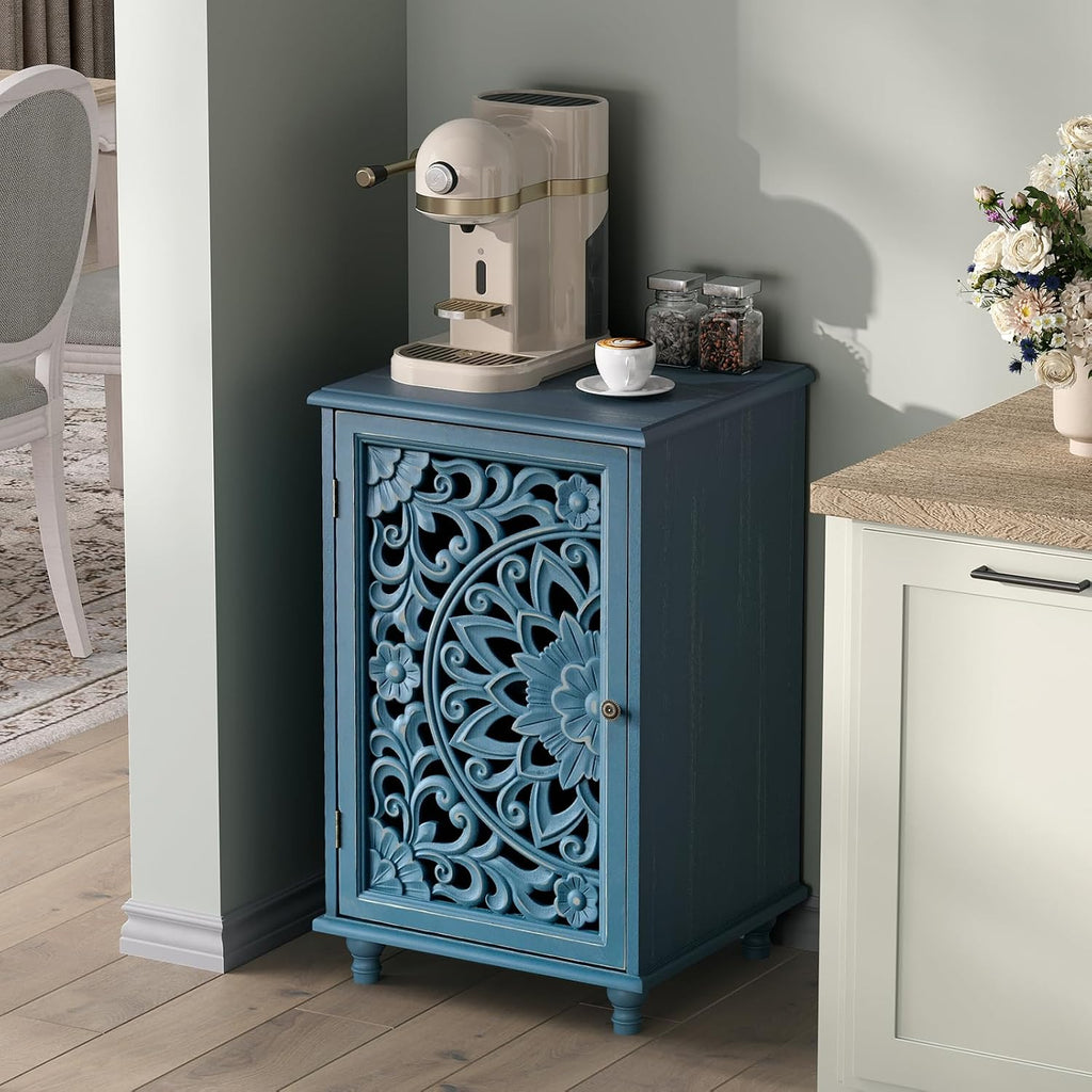 JOINICE Small Accent Cabinet with Carved Mandala Door, Blue Storage Cabinet with Solid Wood Legs & Adjustable Shelf, Boho Distressed End Table for Living Room, Bedroom, Entryway Side Table