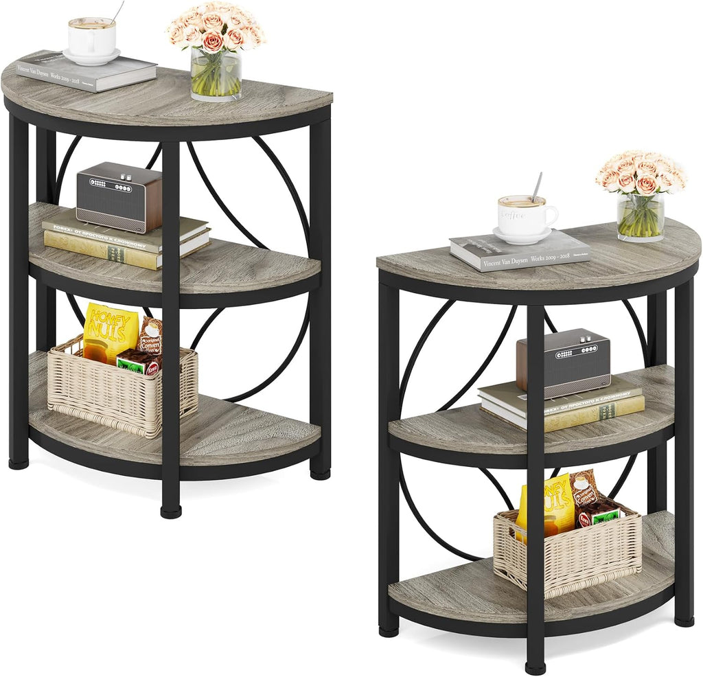 Tribesigns Half Round End Table Set of 2, 3-Tier Half Circle Side Table with Metal Frame, Industrial Half Moon Table, Half Coffee Accent Table Bedside Table for Living Room, Bedroom, Grey