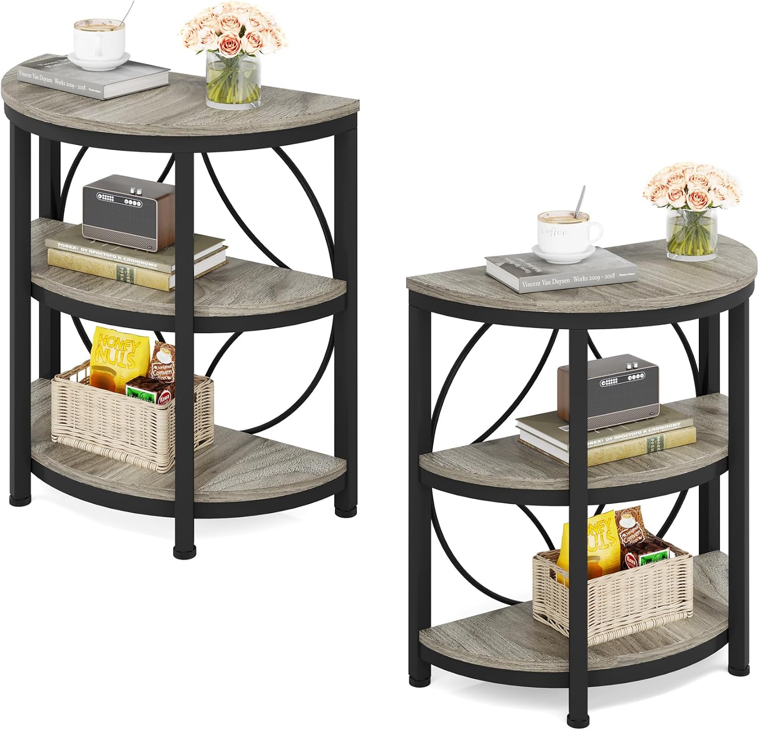 Tribesigns Half Round End Table Set of 2, 3-Tier Half Circle Side Table with Metal Frame, Industrial Half Moon Table, Half Coffee Accent Table Bedside Table for Living Room, Bedroom, Grey