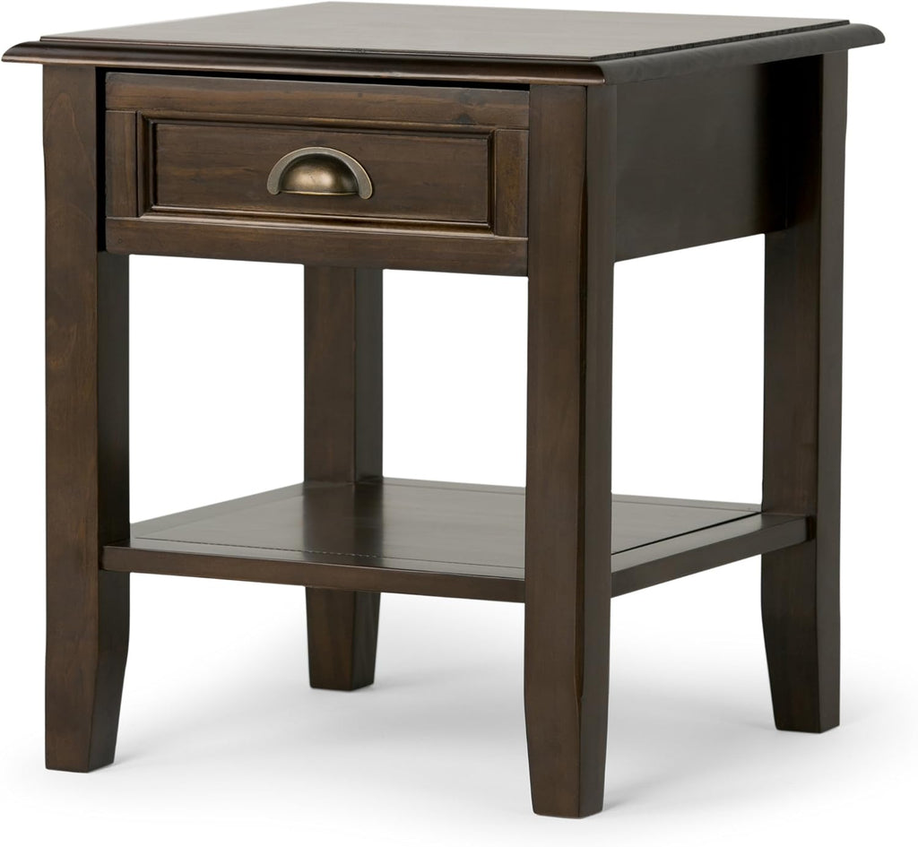 SIMPLIHOME Burlington End Table - 18 inch Wide Solid Wood Square Accent Table with Drawer and Open Shelf in Mahogany Brown, Transitional Nightstand or Lamp Stand for Living Room or Bedroom