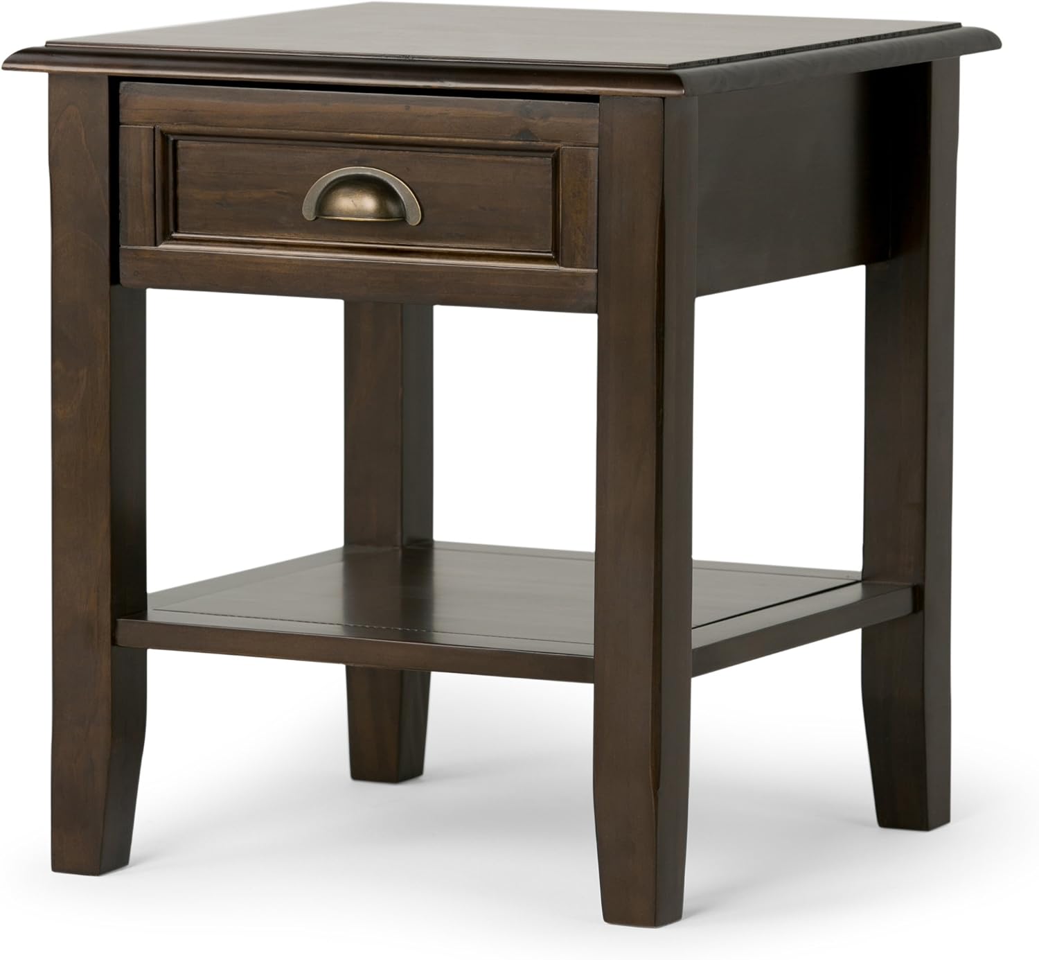 SIMPLIHOME Burlington End Table - 18 inch Wide Solid Wood Square Accent Table with Drawer and Open Shelf in Mahogany Brown, Transitional Nightstand or Lamp Stand for Living Room or Bedroom