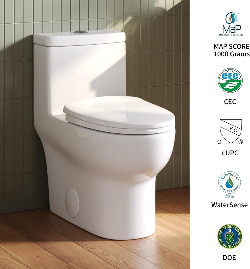 DeerValley Elongated One Piece Toilet with Efficient Dual Flush 1.1/1.6 GPF | Standard Height Toilet Bowl, Durable Ceramic, Slow Close Seat, Skirted Design 10' Rough-In Toilet for Bathroom DV-1F026R