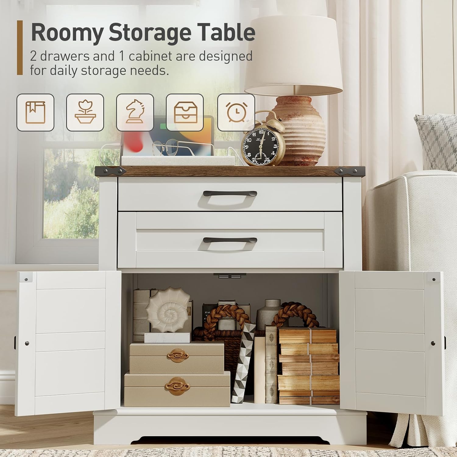 RALGEND Farmhouse End Table with Charging Station, 24'' Sofa Side Table with 2 Drawers and Barn Door, Large Rustic Wooden Square Nightstand for Bedroom, Living Room, White and Walnut