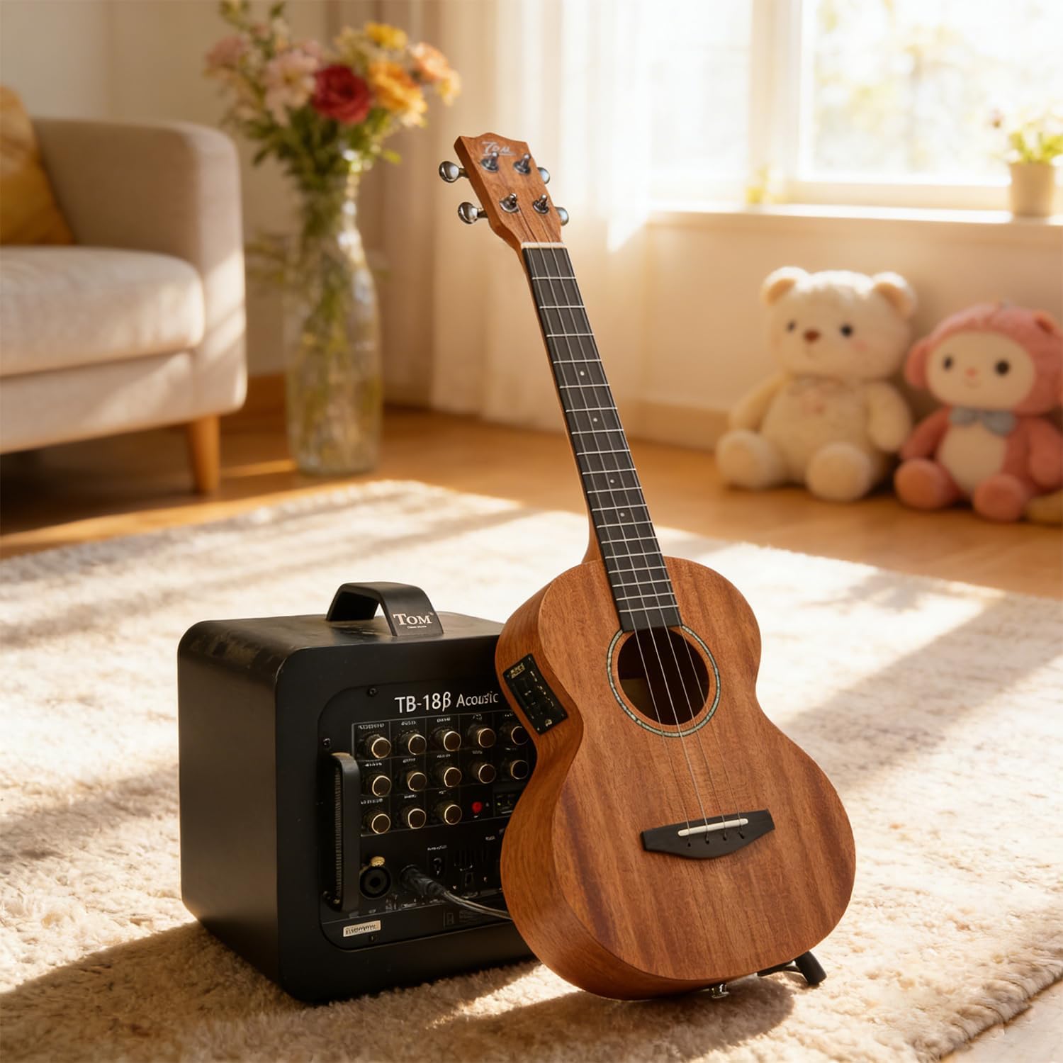 TOM 23″ Concert Electric Ukulele - with UK-500T Pro EQ & Tuner (LCD Display), Solid Mahogany Top, for Beginners & Performers. Complete Kit Includes Bag, Strap, Capo
