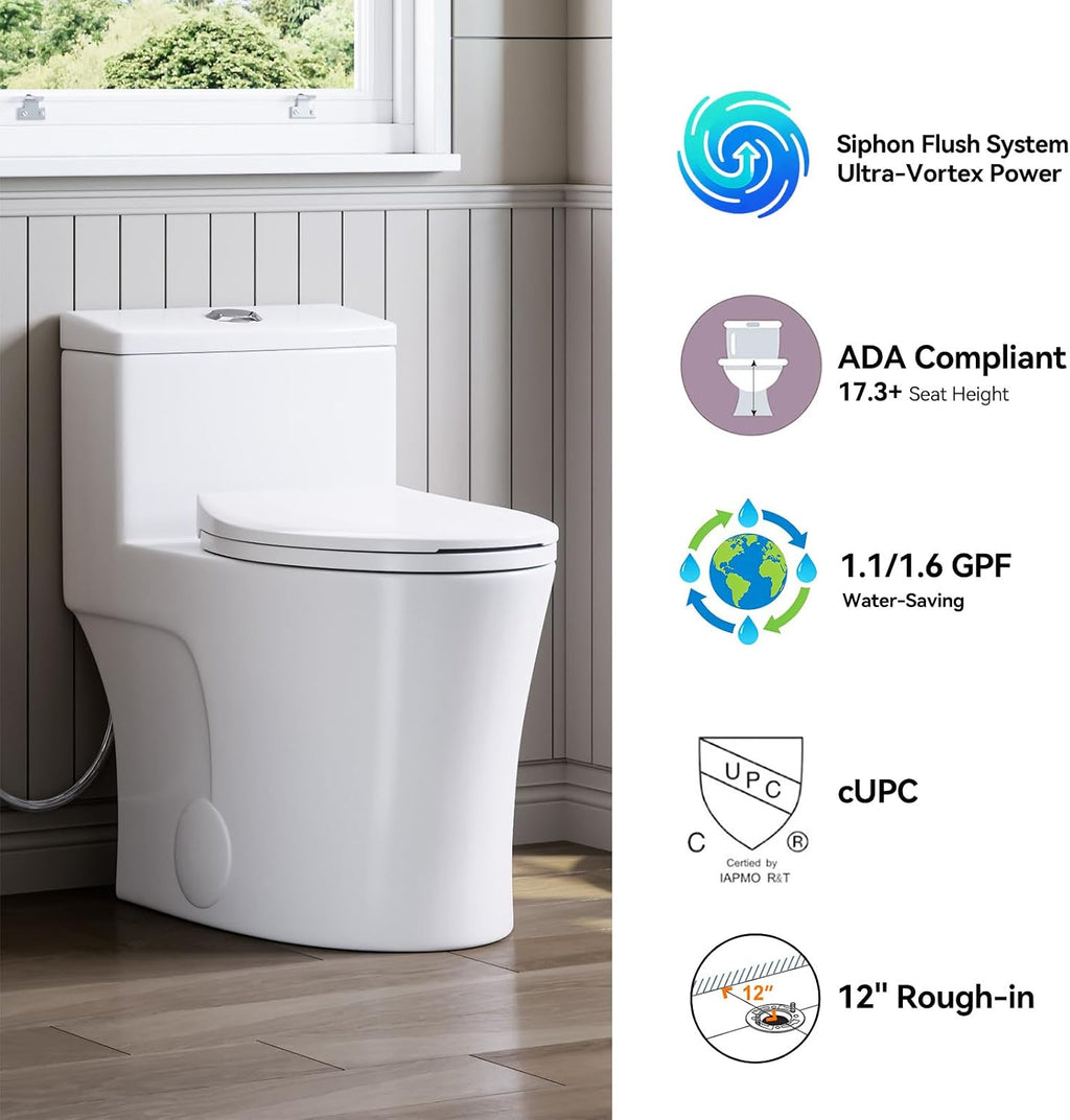 HOROW T0338WM Elongated One Piece Toilet Matte White, ADA Toilet 17.3' with Comfort Chair Height Seat, 1.1/1.6 GPF Powerful Dual Flush Toilet for Bathroom
