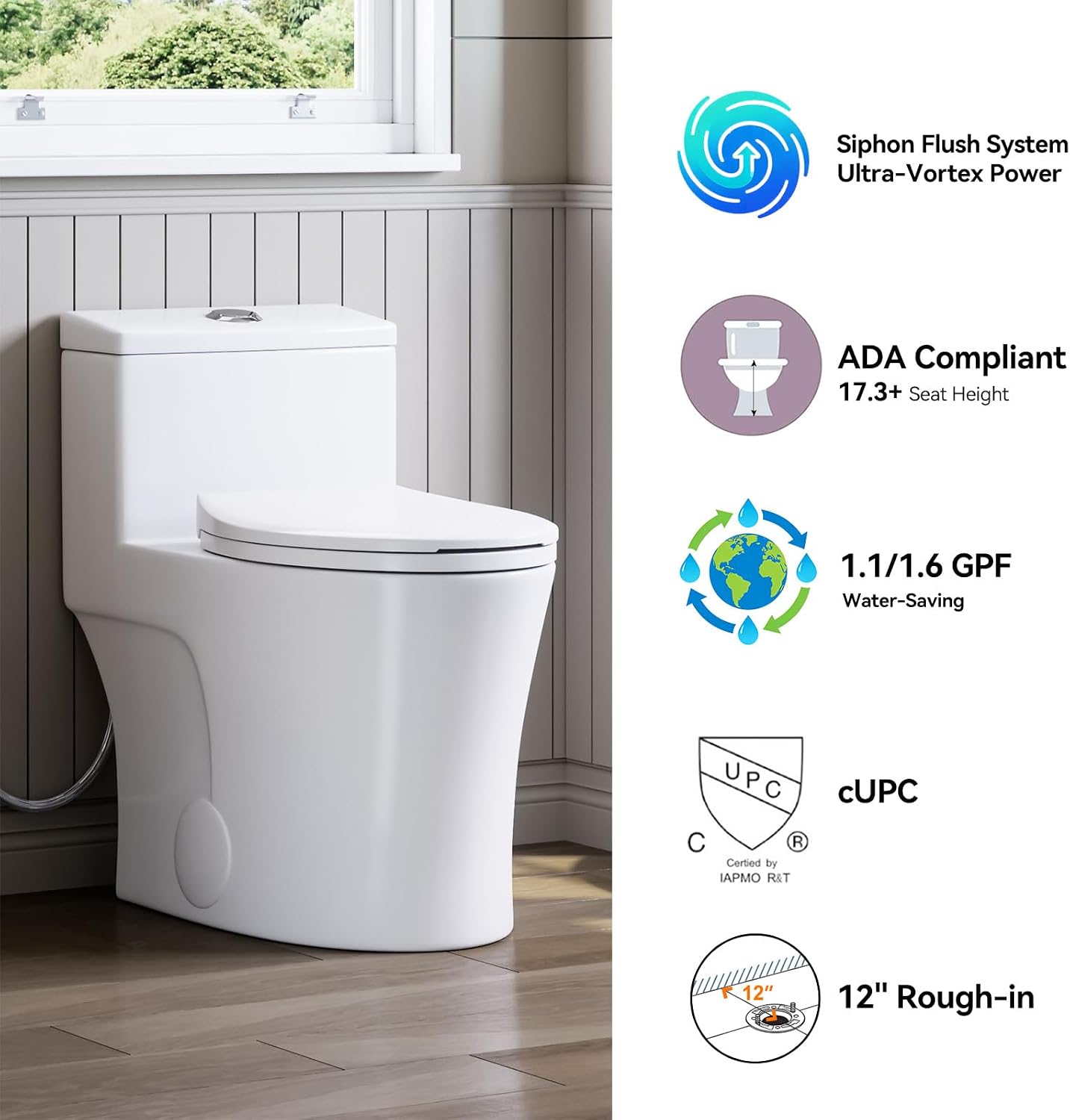 HOROW T0338WM Elongated One Piece Toilet Matte White, ADA Toilet 17.3' with Comfort Chair Height Seat, 1.1/1.6 GPF Powerful Dual Flush Toilet for Bathroom
