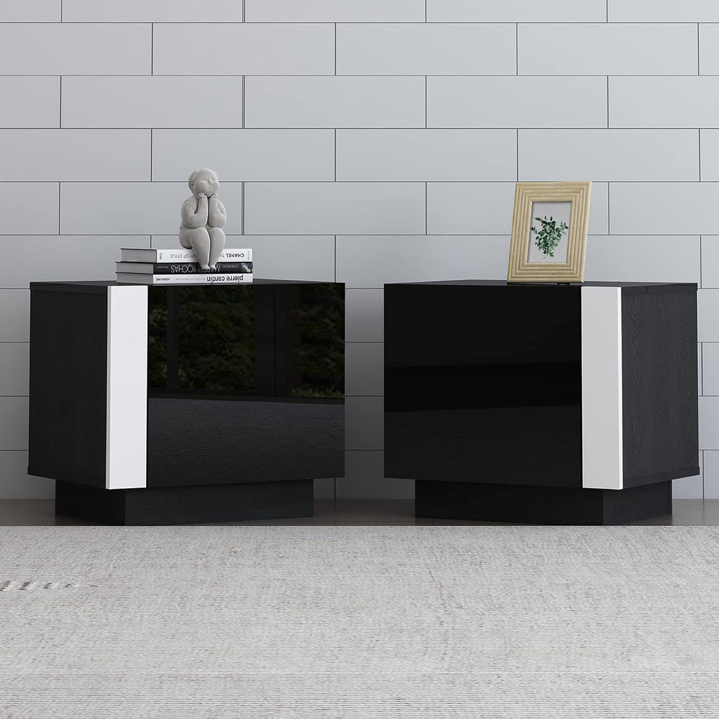 AMERLIFE 2PCS Entertainment Center Side Table Set with Storage, Modern High Gloss End Tables with 2 Cabinet Doors, for Living Room/Bedroom/Office, Black