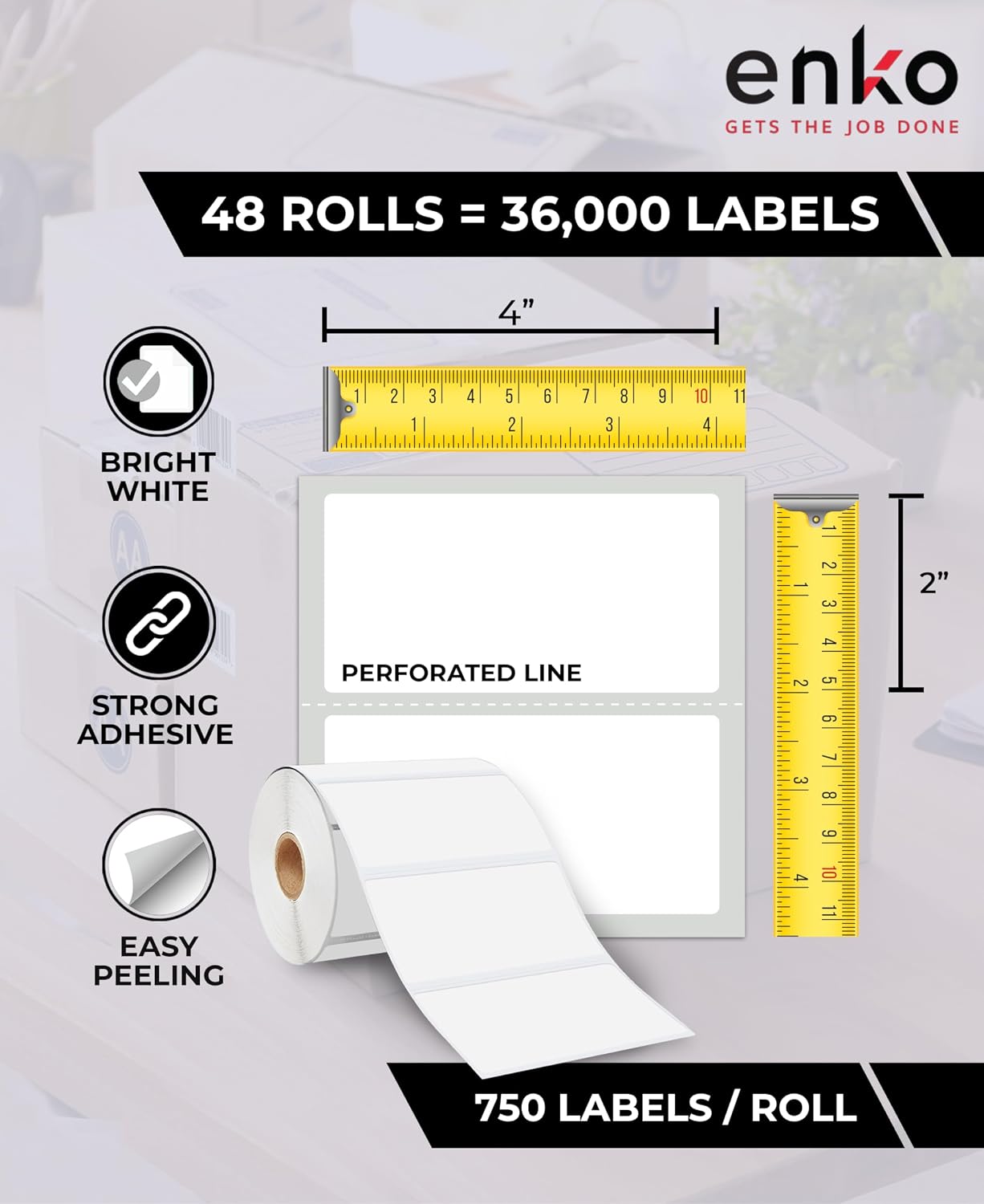 enKo 4' x 2' Labels for Zebra Desktop Printers (48 Rolls | 36,000 Labels) Direct Thermal Address Mailing Shipping Barcode FBA Stickers FNSKU Label for Zebra and Eltron (Perforated)