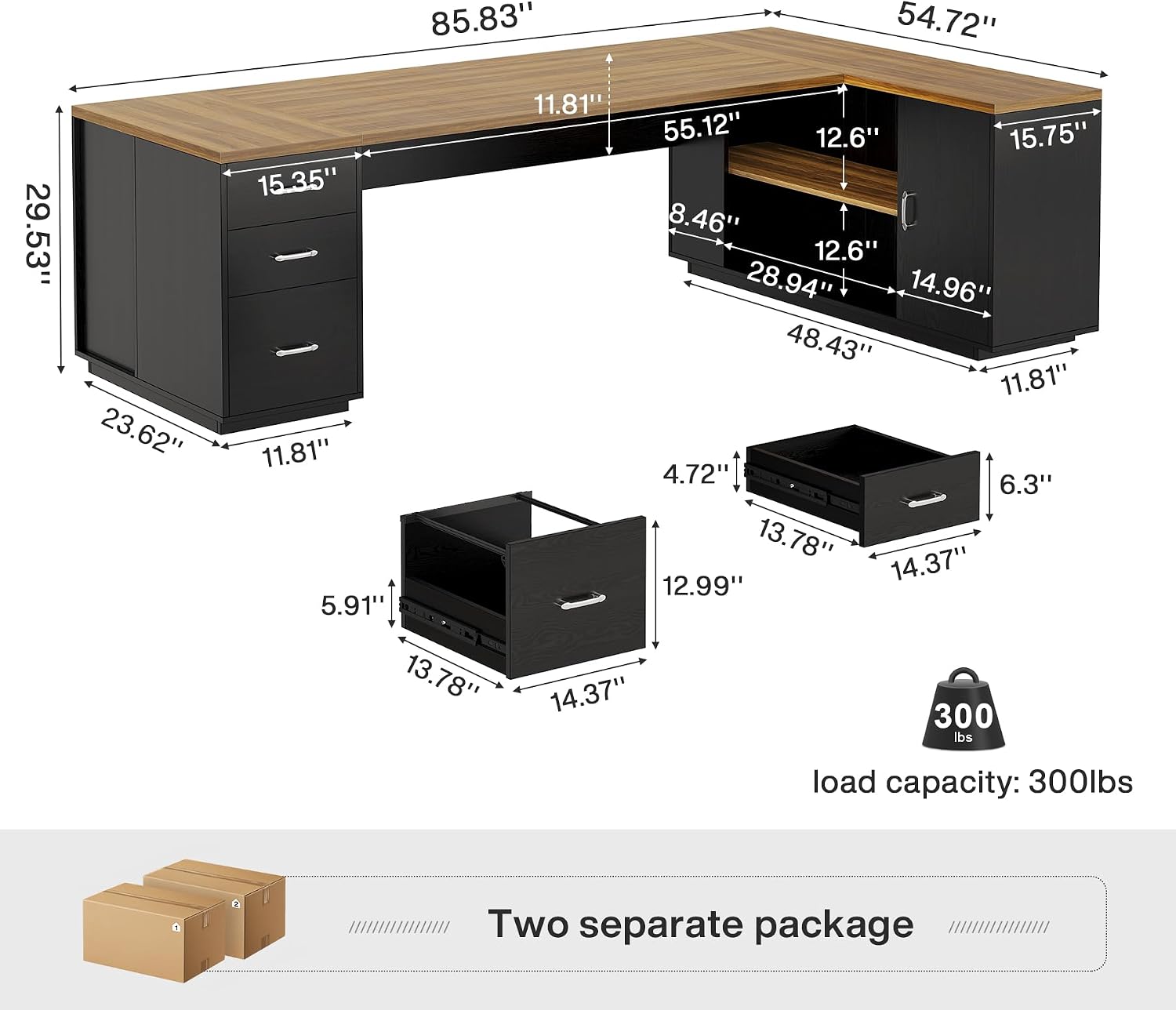 Tribesigns 85.8-Inch L-Shaped Executive Desk, Extra Large Modern Office Desk with File Drawers, Door Cabinet & Shelves, Commercial Office Table, Home Business Workstation, Brown & Black