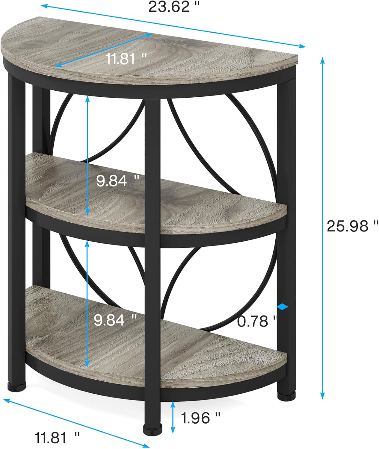Tribesigns Half Round End Table Set of 2, 3-Tier Half Circle Side Table with Metal Frame, Industrial Half Moon Table, Half Coffee Accent Table Bedside Table for Living Room, Bedroom, Grey