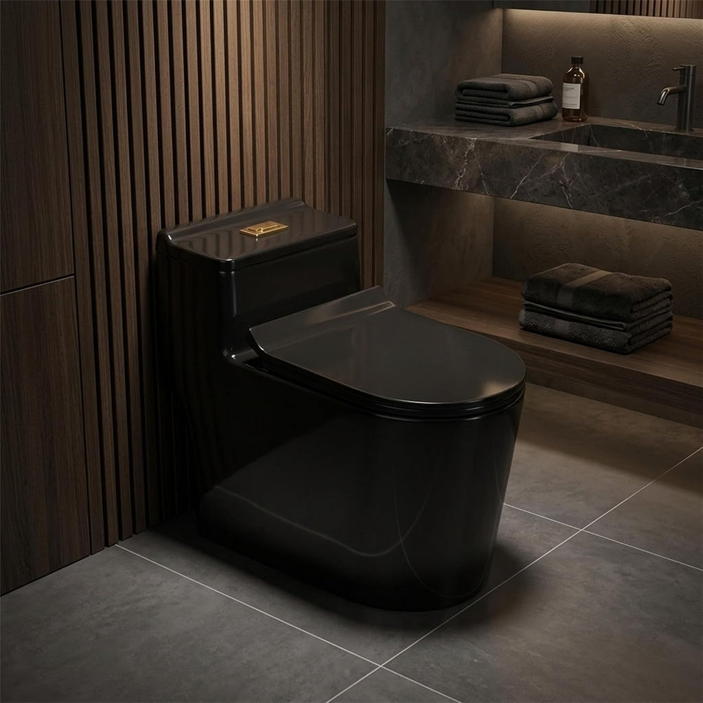 Compact One Piece Toilet, Dual Flush 1.45 Gallons GPF Elongated Standard Toilet for Bathroom, 12' Rough-In, Floor Mounted Comfort Height, Black (Seat Included)